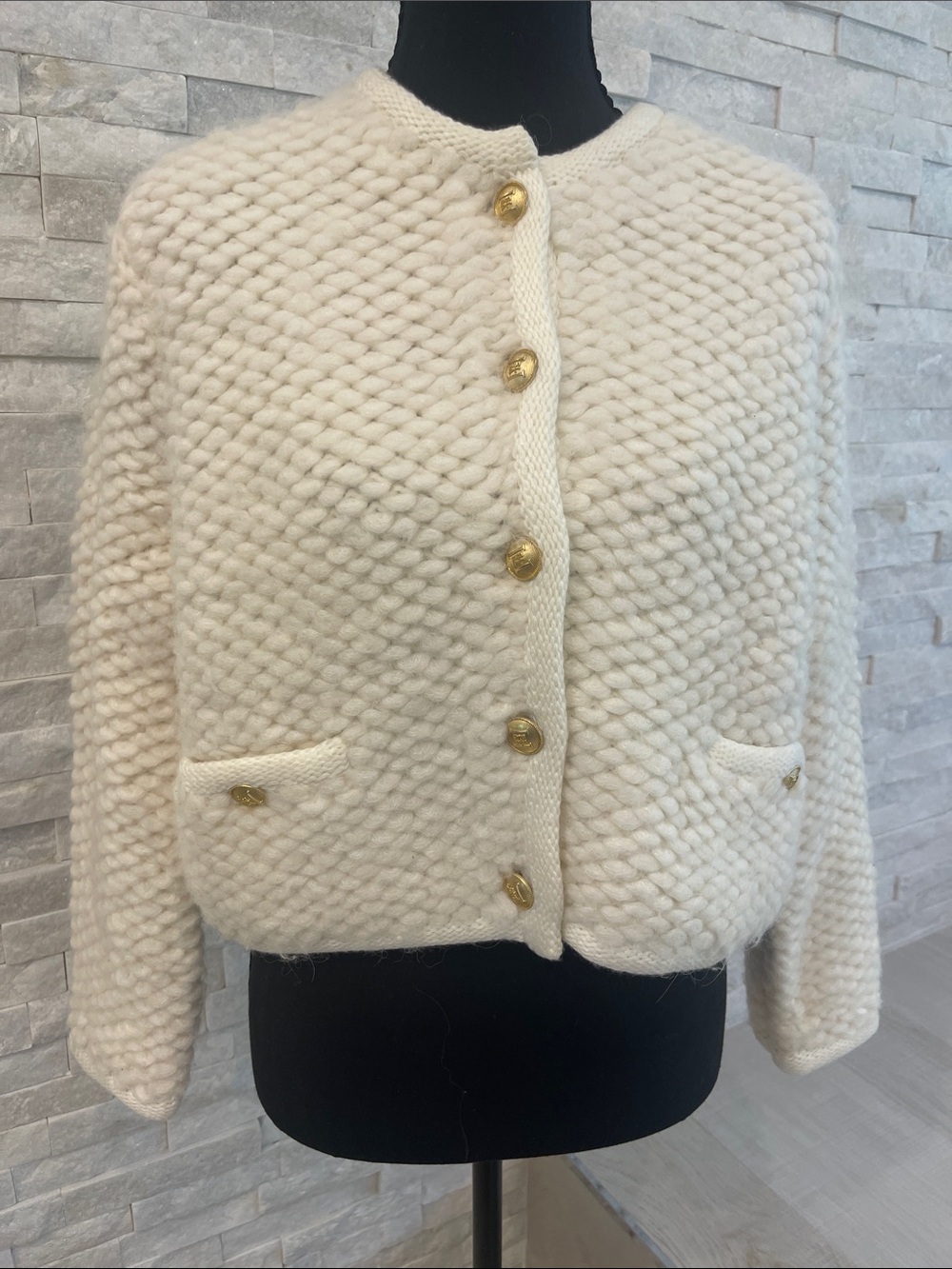 HELSA Women's Cream Knit Boxy Blazer with Gold Buttons
